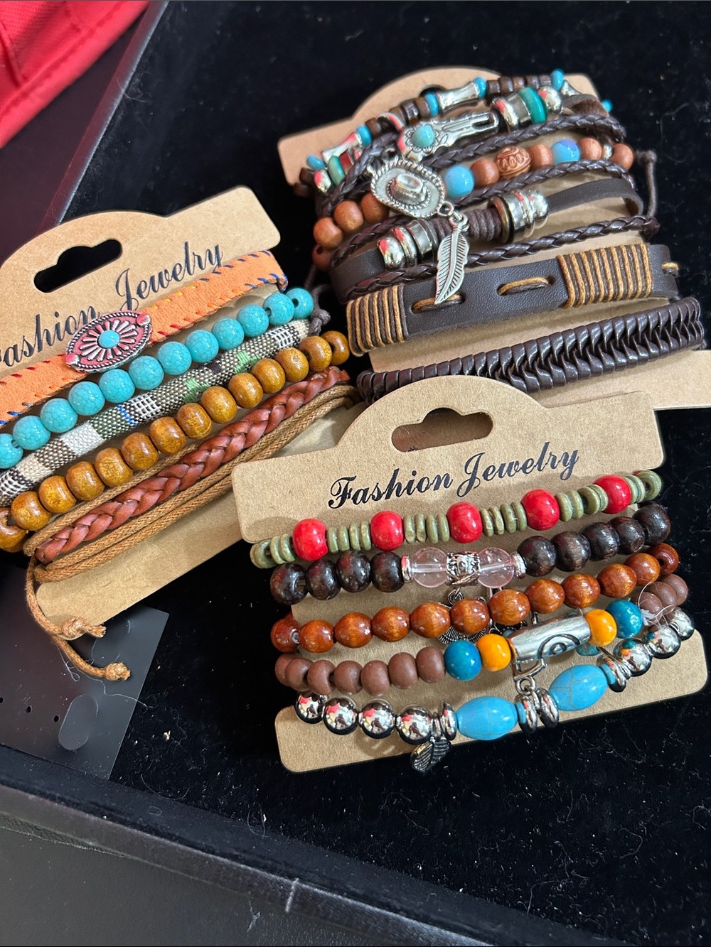 Set of Brown Leather & Turquoise Bead Stackable Bracelets - Picture 3 of 5